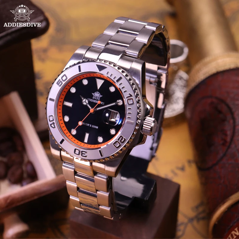 

ADDIESDIVE Luxury Watch Stainless Steel Black Dial Green Bezel 20Bar Waterproof BGW9 Luminous Quartz Relogios Masculino AD2040
