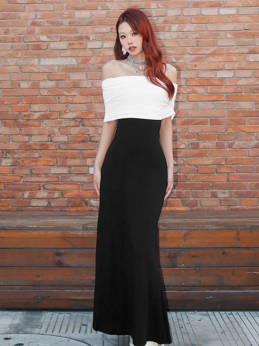 غريب سنور هيبورن Sle اللون Blo oulder Dr المرأة ثوب مسائي Elely تنورة طويلة عالية الخصر ألياف البوليستر #1