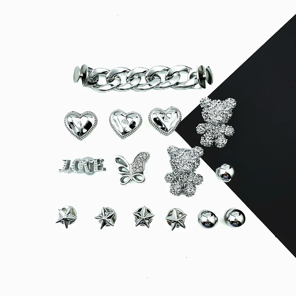 15PCS Silver Bear Butterfly Heart Shaped Chain DIY Shoe Charm Set Accessories Detachable Fashion Shoes Decorations Buckle