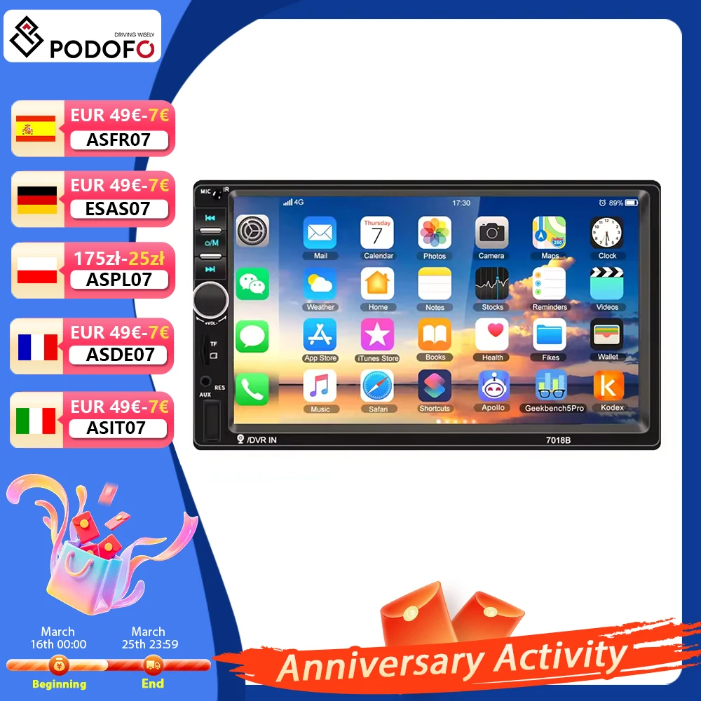 Podofo 7 pulgadas 2din Audio estéreo para coche Radio soporte Mirrorlink BT EQ reproductor de sistema inteligente para coche Autoradio reproductor Multimedia para coche