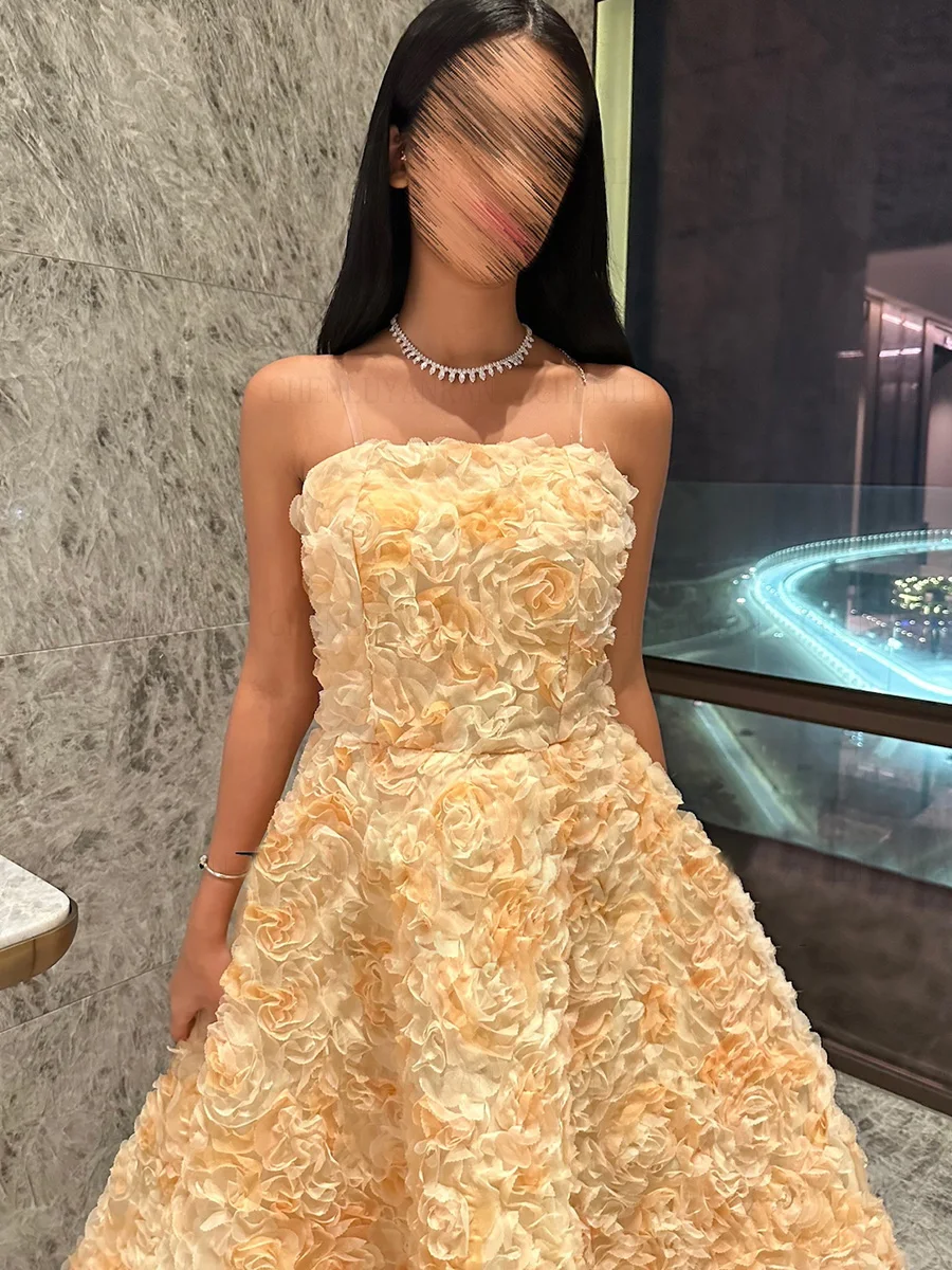 3D Flower lace Formal Occasion Dresses 2023 Yellow A-line Ball Gowns Tea-Length Strapless Evening Party Gowns فساتين الحفلات