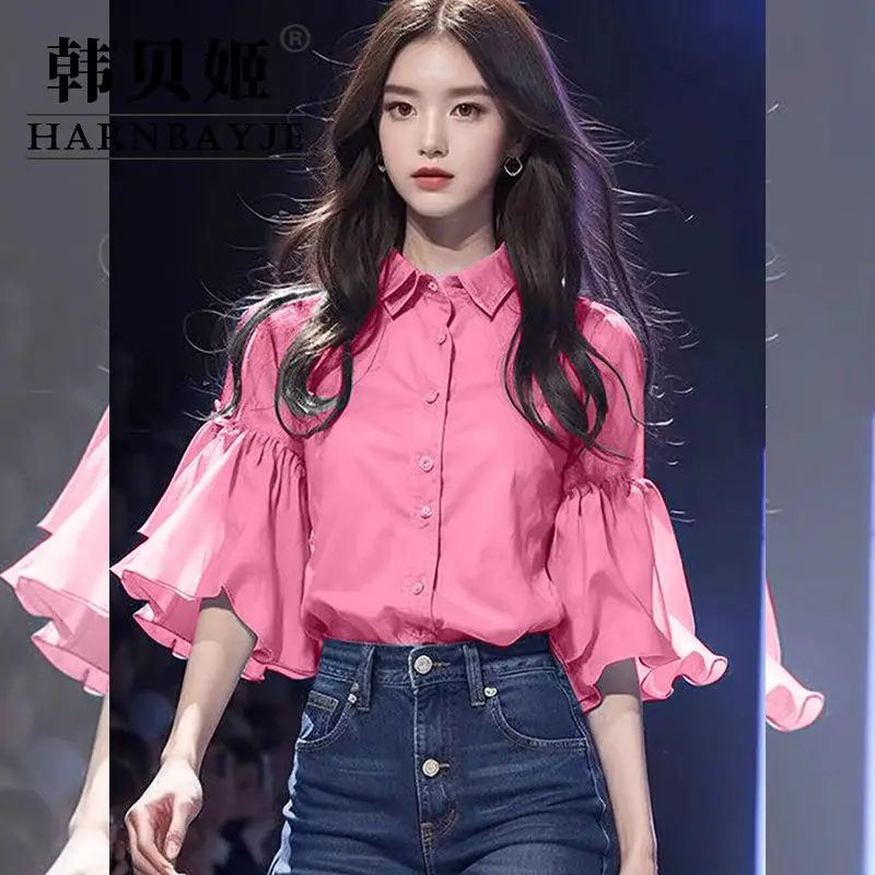

New Women Light Blue Ruffle Sleeve Shirt Top