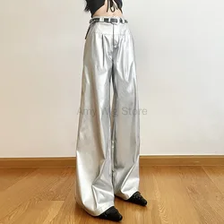 Women's Silver High Waisted Casual Wide Leg Leather Pants Women Retro Chic PU Faux Leather Pants Autumn Winter Fashion Trousers