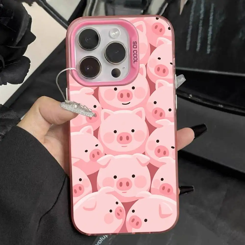 حافظة هاتف كارتون L-LuLu Pig لهاتف آيفون 16,15,14,13,12,11,Pro,Max,Plus, Mini,XS,SE مضادة للسقوط وردي غير لامع مصد صلب