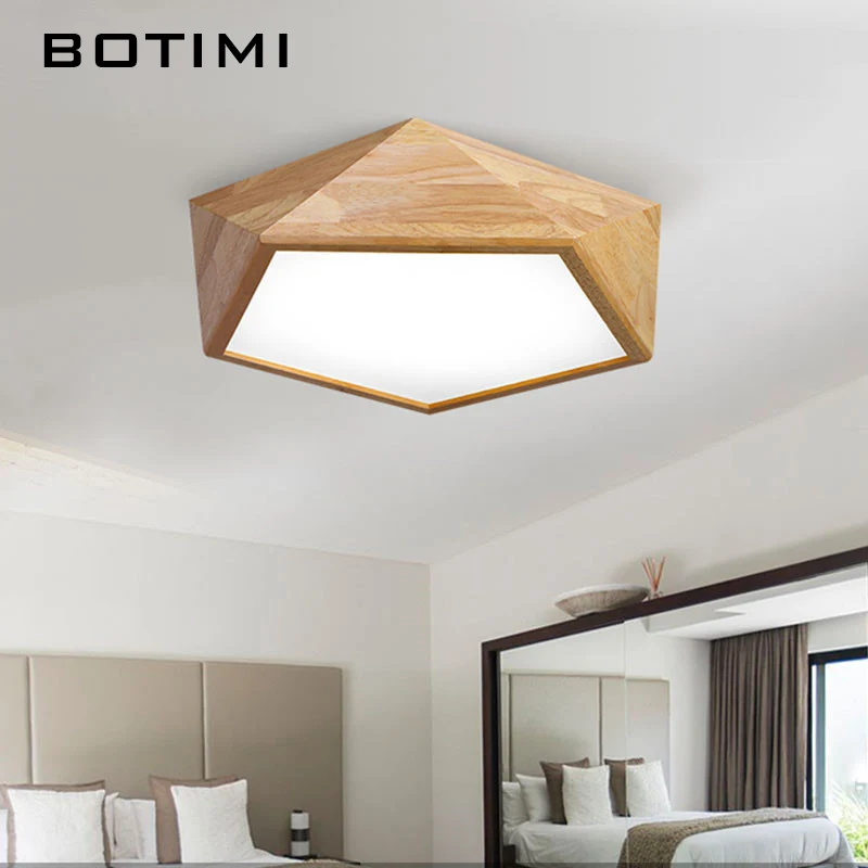 BOTIMI Dimmable Geometry Wooden LED Ceiling Lights With Remote Control For Bedroom Solid Wood Surface Mounted Kitchen Lighting