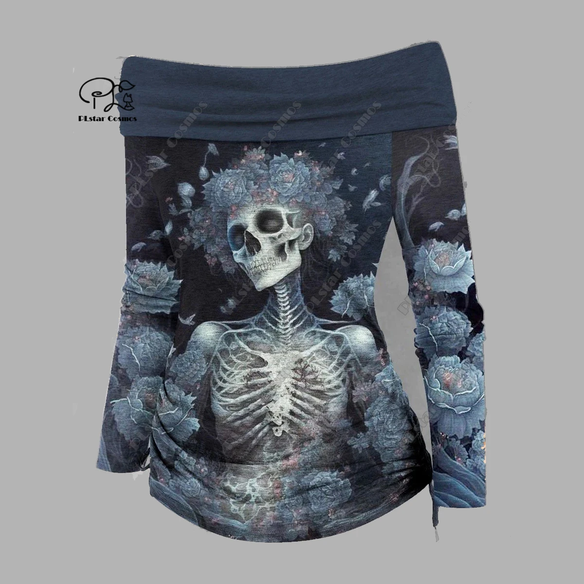 PLstar Cosmos 3D printed horror skull pattern printed off-shoulder pleated tight T-shirt women's casual top