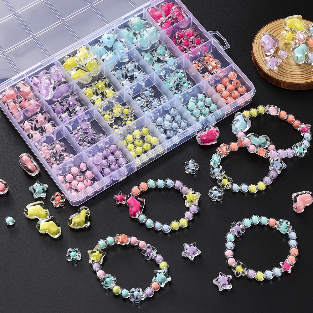 174pcs/Box Heart Acrylic Beads Flower Round Spacer Loose Beads Kits for Bracelet Keychain Jewelry Making Accessories