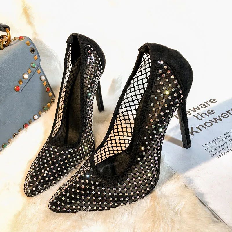 2024 Fashion Mesh Pointed Toe Sandals Heels Transparent Women's Slip Heel Sexy Party Fine High Heeled Shoes