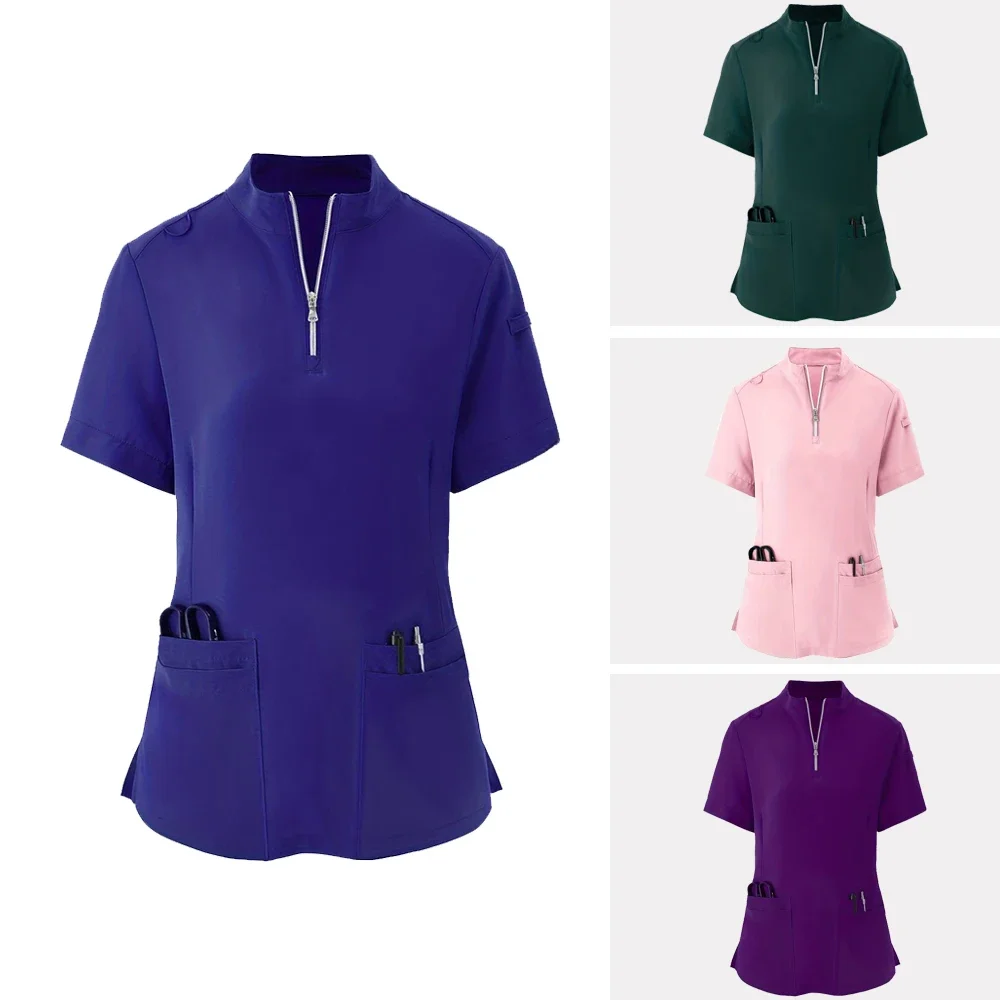 Women's 4-Pocket Zip-Neck Short Sleeve Scrub Top Nurse Uniforms Women Medical Nurses Accessories for Hospital Doctor Uniform