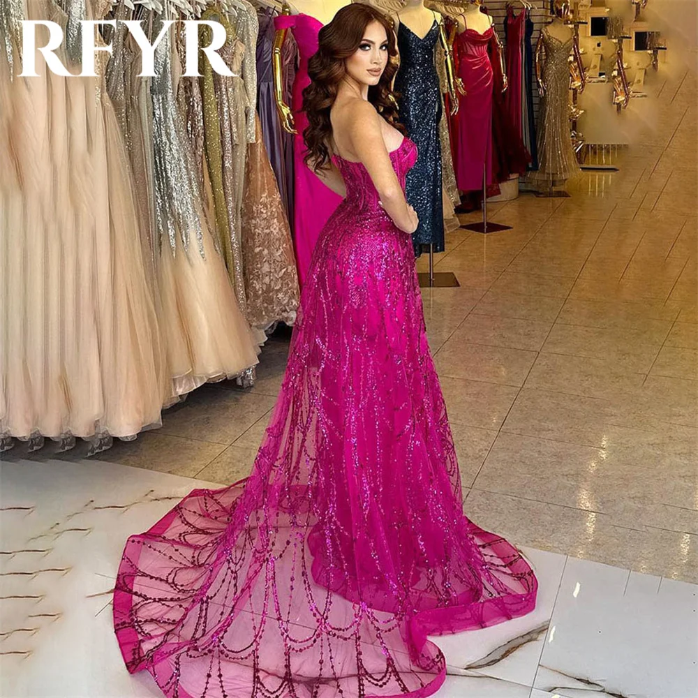 RFYR Fuchsia Prom Dress Sleeveless Evening Party Dresses A-Line Sweetheart Floor Length Vestido Sequins Party Gowns Customized