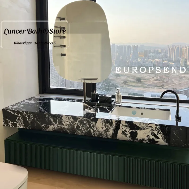 High-end Italian Hotel Style Bathroom Vanity Set, Solid Oak Wood Washstand with Bulgari Marble Rock Slab Integrated Basin