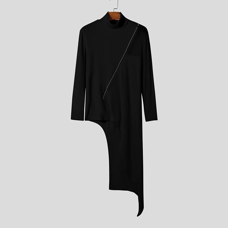 INCERUN Herren Unregelmäßiges T-Shirt mit Netz-Patchwork, Rollkragen, Langarm, Reißverschluss, Streetwear 2026, Transparente Herrenbekleidung – Detail 12