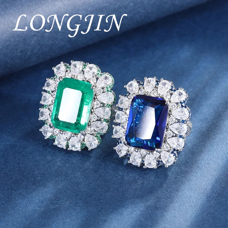 

2024 New Charms Fashion 13*18mm Square Emerald Sapphire Adjustable Opening Ring Women's Jewelry Wedding Anniversary Boho Gift