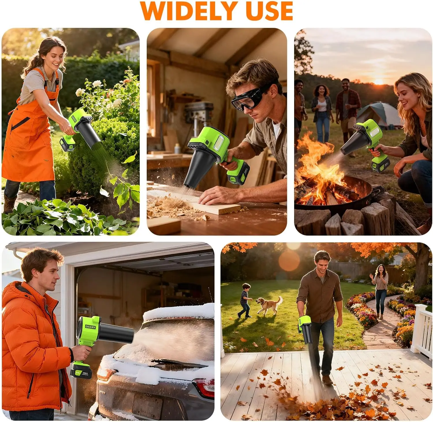 منفاخ أوراق شجر لاسلكي مع أضواء، بطاريتين وشحن سريع، ضغط الرياح 700CFM 900G لحديقة الحديقة