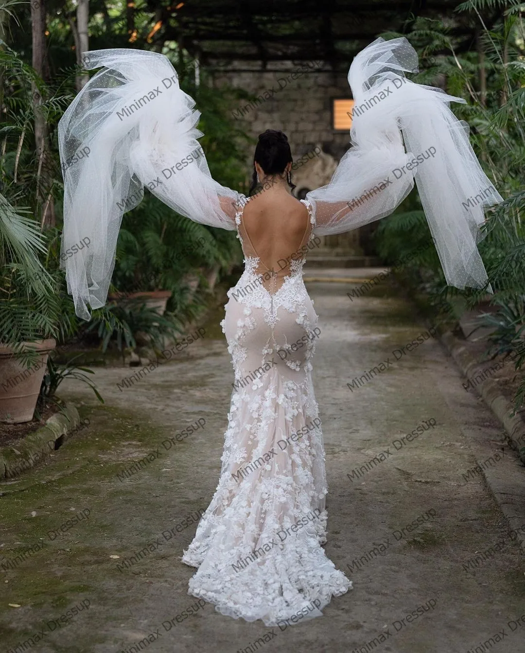 Charming Lace Floral Bridal Dresses Sexy Backless 3D Appliques Mermaid Wedding Gowns Fashion V Neck Ruffles Sleeves Wedding Dres