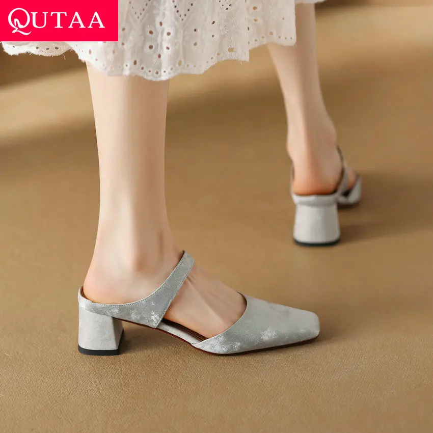 

QUTAA 2024 Women Slippers Thick Med Heels Genuine Leather Pumps Platforms Party Office Ladies Shoes Woman Sandals Size 34-40