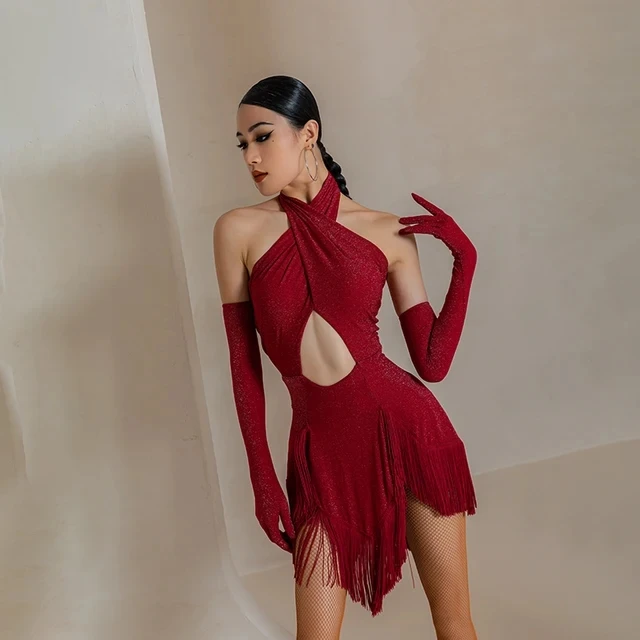 Vestido de dança latina sem encosto feminino, Saia franjada, Luvas, Vestido latino, Trajes de baile, Sexy