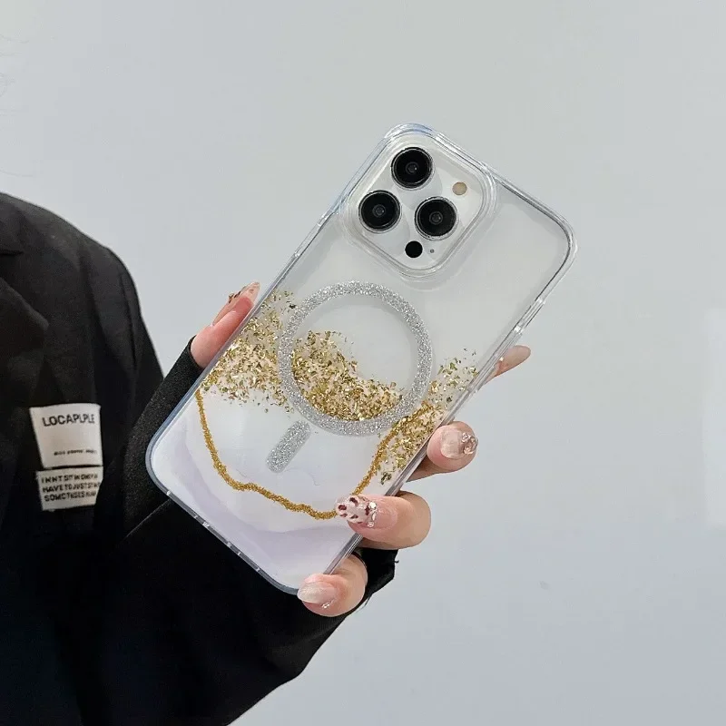 

New for iPhone 16pro Phone Case 15promax Magnetic Suction 14 Gold Foil 13 Marble Pattern 12 Wireless Charging 11Protective Cover