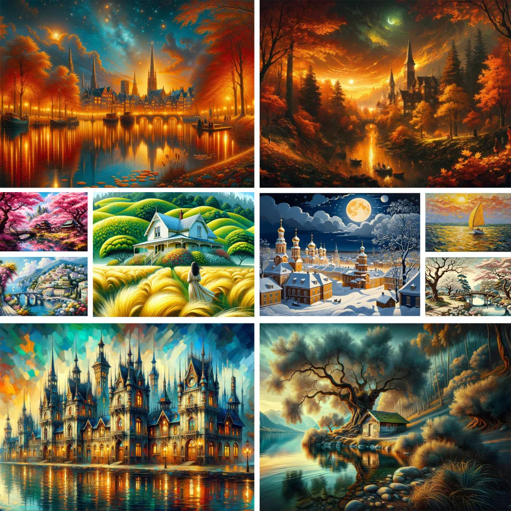 Landscape Dream House Pre-Printed Cross Stitch Set DIY Embroidery Knitting Sewing Handmade Painting Design Promotions Stamped