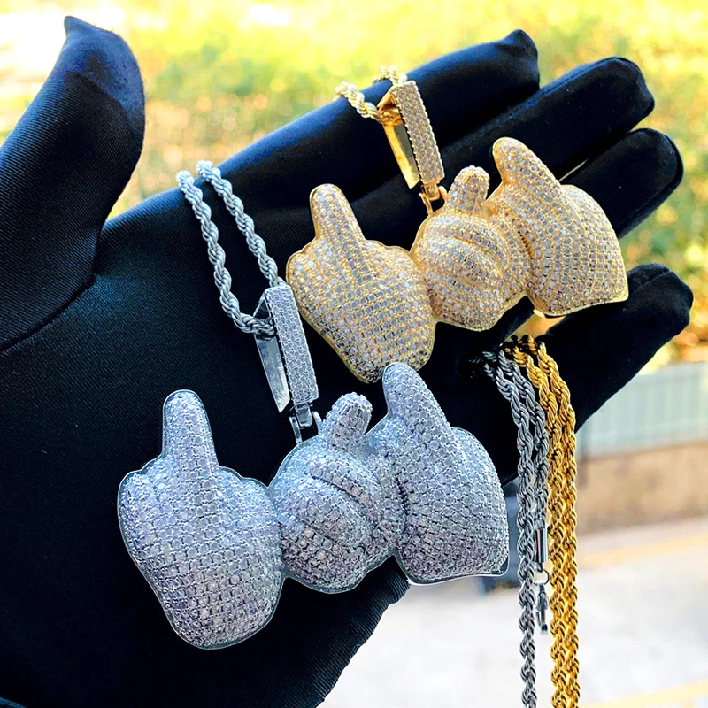 Hip Hop 3A+ CZ Stone Paved Bling Iced Out Palm Gesture Pendants Necklace For Men Charm Rapper Jewelry Gold Silver Color