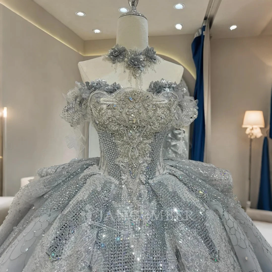 글리터 웨딩 드레스 스팽글 비딩 볼 가운 짧은 소매 스쿱 브라이드 레이스업 백 러플 맞춤형 웨딩 드레스