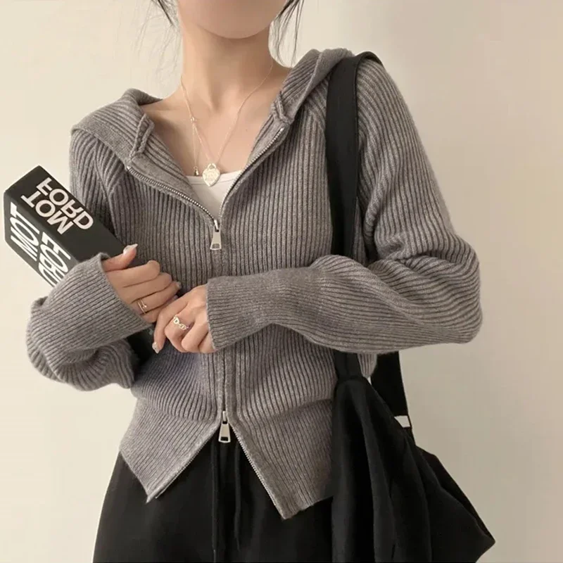 korean Long sleeve pink Short coats Tops Sweaters autumn winter Women zipper Knitted Cardigan casual loose solid hooded Sweater