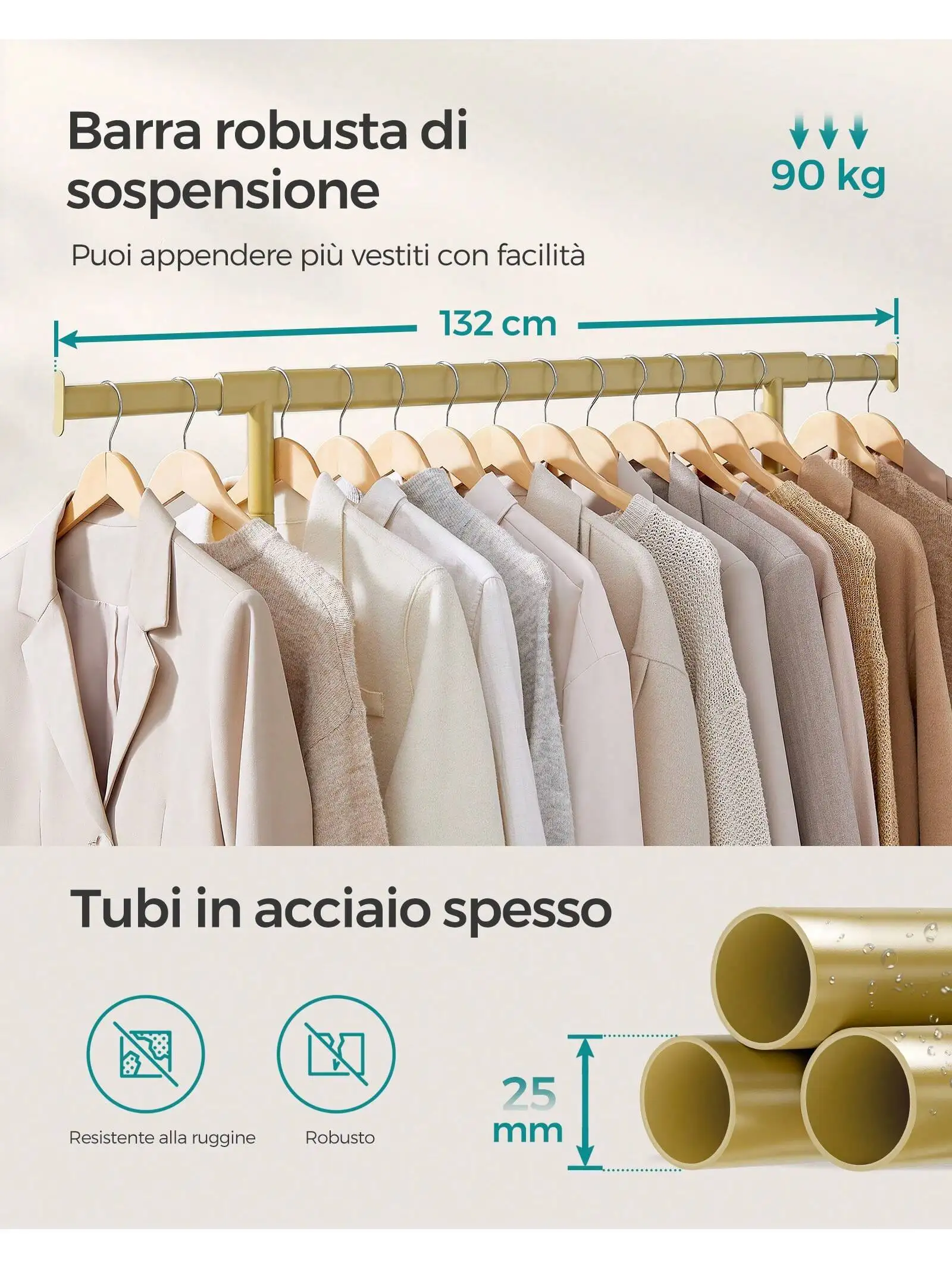 SONGMICS appendiabiti per impieghi gravosi su ruote, binario estensibile, carico di 90 kg, facile montaggio, portatile, oro pallido