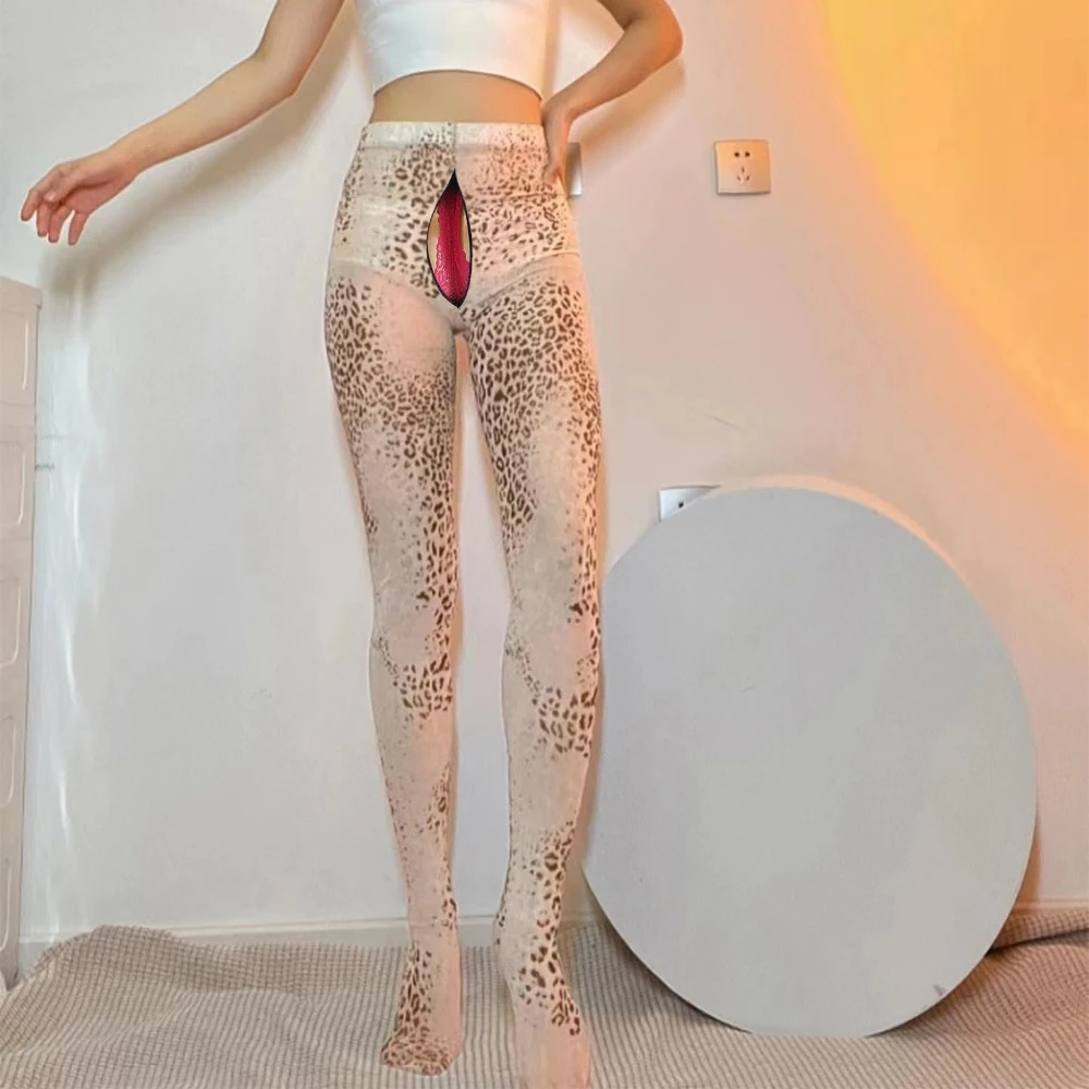 

Zipper Open Crotch Seam Ultra-thin Transparent Sexy Tights Leopard Print Sheer Yoga Pants Workout Leggings