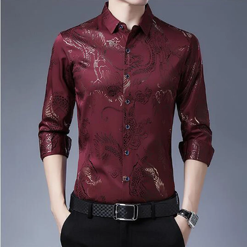 Men Vintage Chinese Style Dragon Graphic Print Shirts Business Casual Long Sleeve Slim Tops Spring Autumn Camisas De Hombre 2023