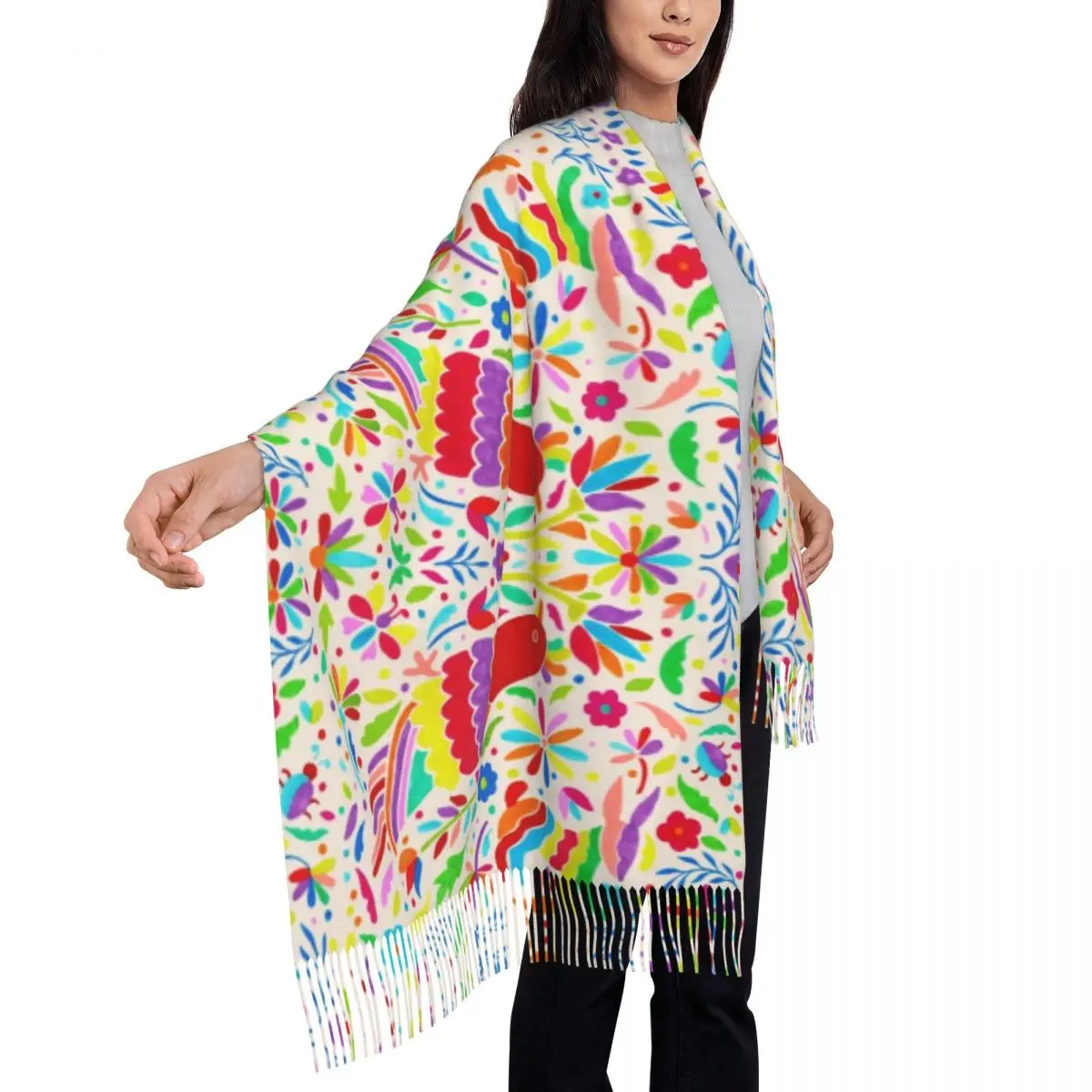 Otomi-bufanda con borla de pájaros de estilo mexicano para mujer, chales cálidos de invierno, envolturas florales folclóricas, bufandas textiles