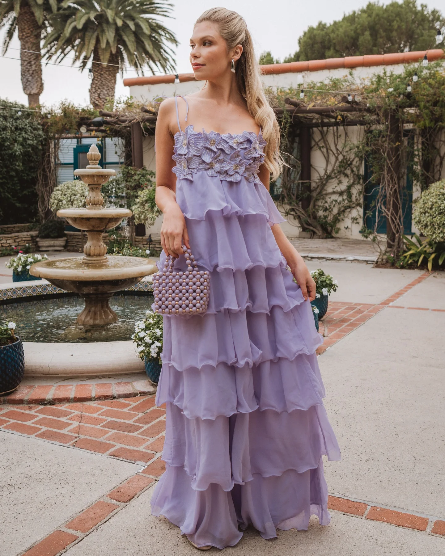 Romantic Lavender Prom Dresses Tiered Ruffles Appliques Chiffon Evening Dresses Sweep Train Customized Wedding Guest Gowns