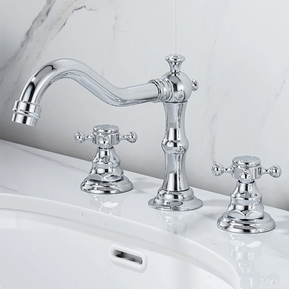 Basin Brass Gold Bathroom Antique Sink Faucet 3 Hole Deck Mounted Double Handle Hot & Cold Wash Water Tap Basin Sink Mixer Taps