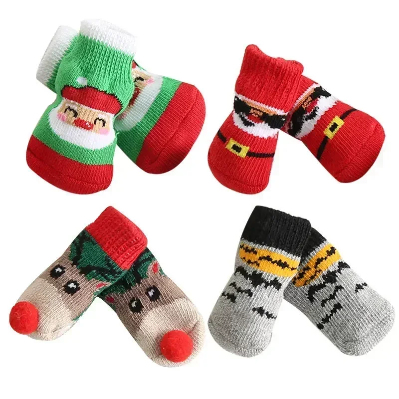 4PCS/Set Pets Dog Socks Non-slip Warm Puppy Cat Dog Socks Multi-pattern Non Skid Bottom Elastic Christmas Stocks for Puppy Cat