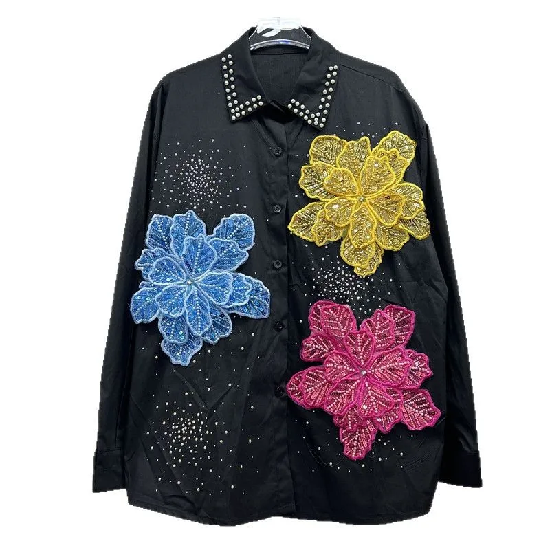 

Beaded Blouses Women Shirt Vintage Plaid Turn Down Collar Full Sleeve Tops Pearls 3D Floral Y2k Streetwear Elegant Shirts 2026