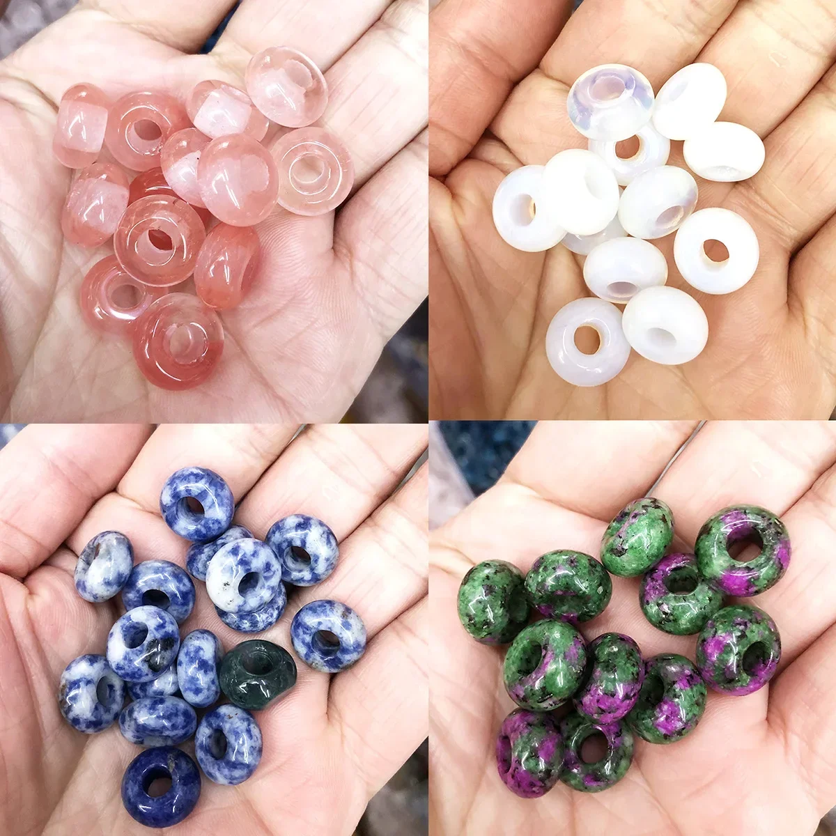 4pcs 8x14mm 5mm Big Hole Natural Round Jades Jaspe Stone Crystal Spacer Beads Charm Pendant For Jewelry Making Accessories