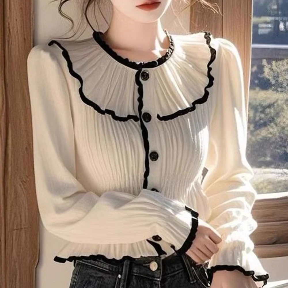 2025 French high-end foreign-style design long-sleeved shirt women's spring and autumn  ruffle edge unique beautiful top