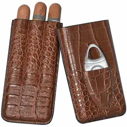 Durable Leather Case Holder 3 Tube Travel Brown Cigar Cedar Humidor With Cutter