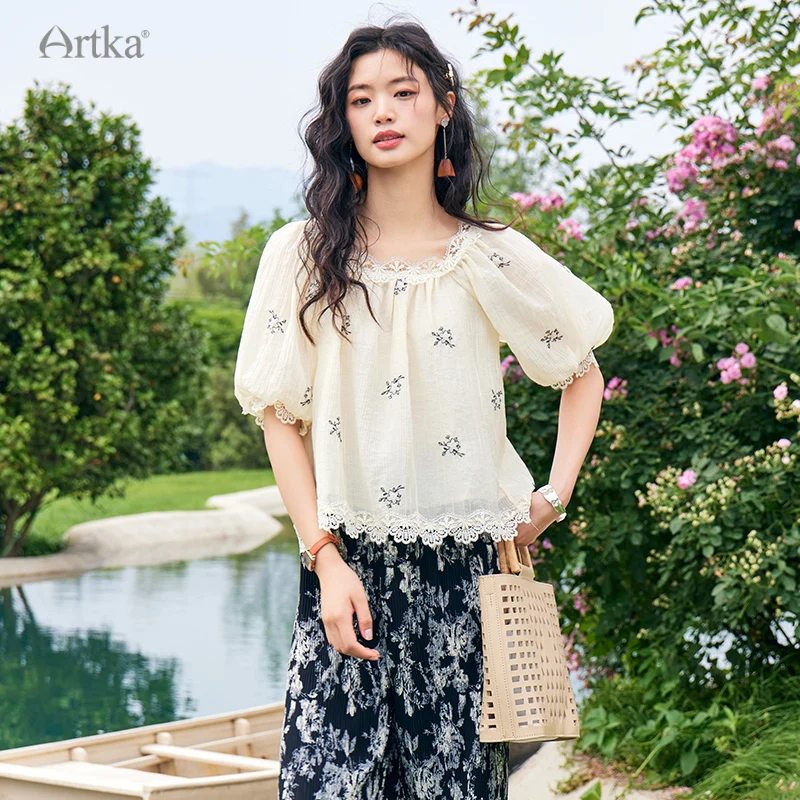 ARTKA 2023 Summer New Women Blouse Elegant Lace O-Neck Loose Shirts Short Puff Sleeve Flower Embroidery Blouse Female SA92238X