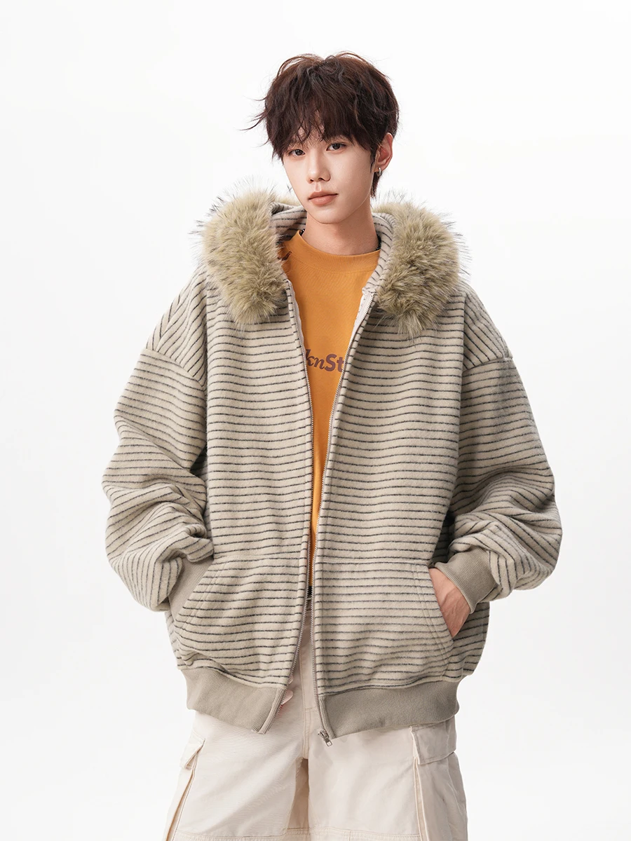 American High Street Fashion Trend Fur Collar Fleece-Lined Hooded Sweatshirt Youth Popular Winter Loose Warm Coat for Men