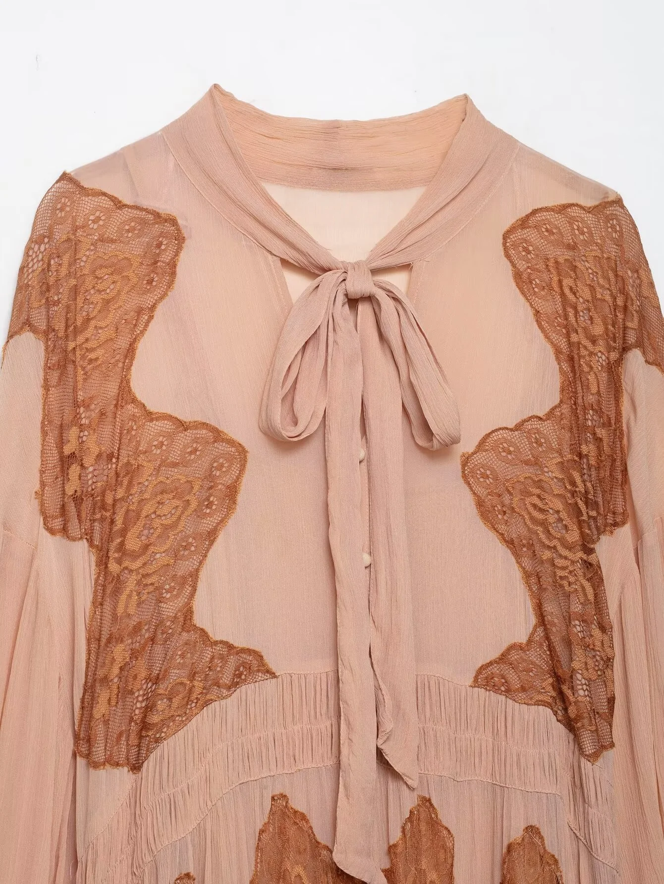 2025 women's autumn new neckline bow decoration casual loose temperament splicing lace long chiffon dress