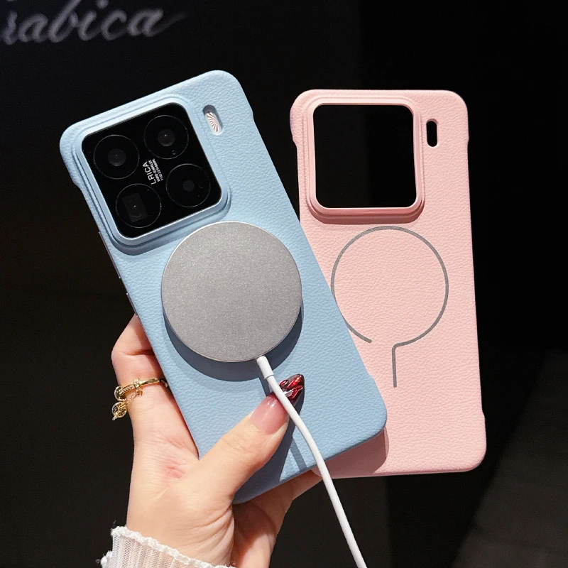 

For Magsafe Magnetic Wireless Charging Solid Color Leather Not Border Hard PC Phone Case For Xiaomi 14 15 Ultra Pro Bumper Cover