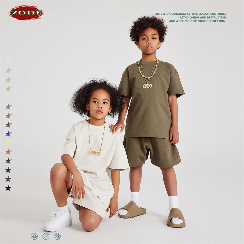 ZODF Kids 2023 Summer 305gsm Cotton Solid T Shirt Boys Girls Children Drop Shoulder Loose FG T-shirts Tees Streetwears KH0001