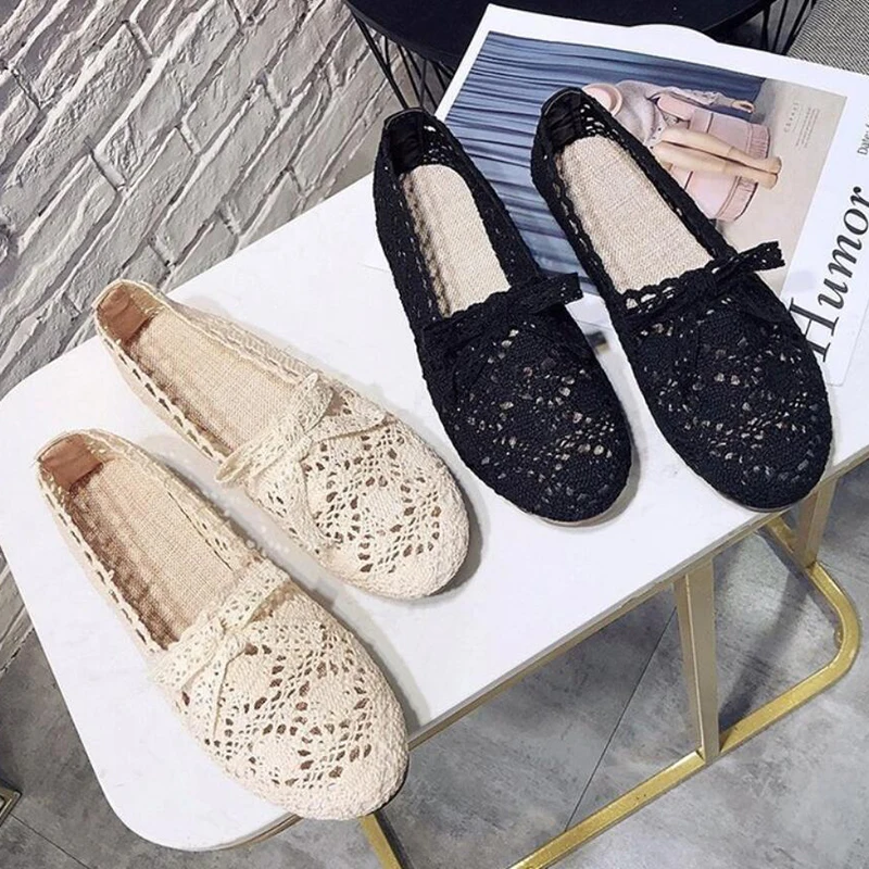 Summer Women Hollow out Mesh Breathable Loafers Shoes Ladies Korean Lace Slip on Beige Fats Shoes Zapatos De Mujer New 2023