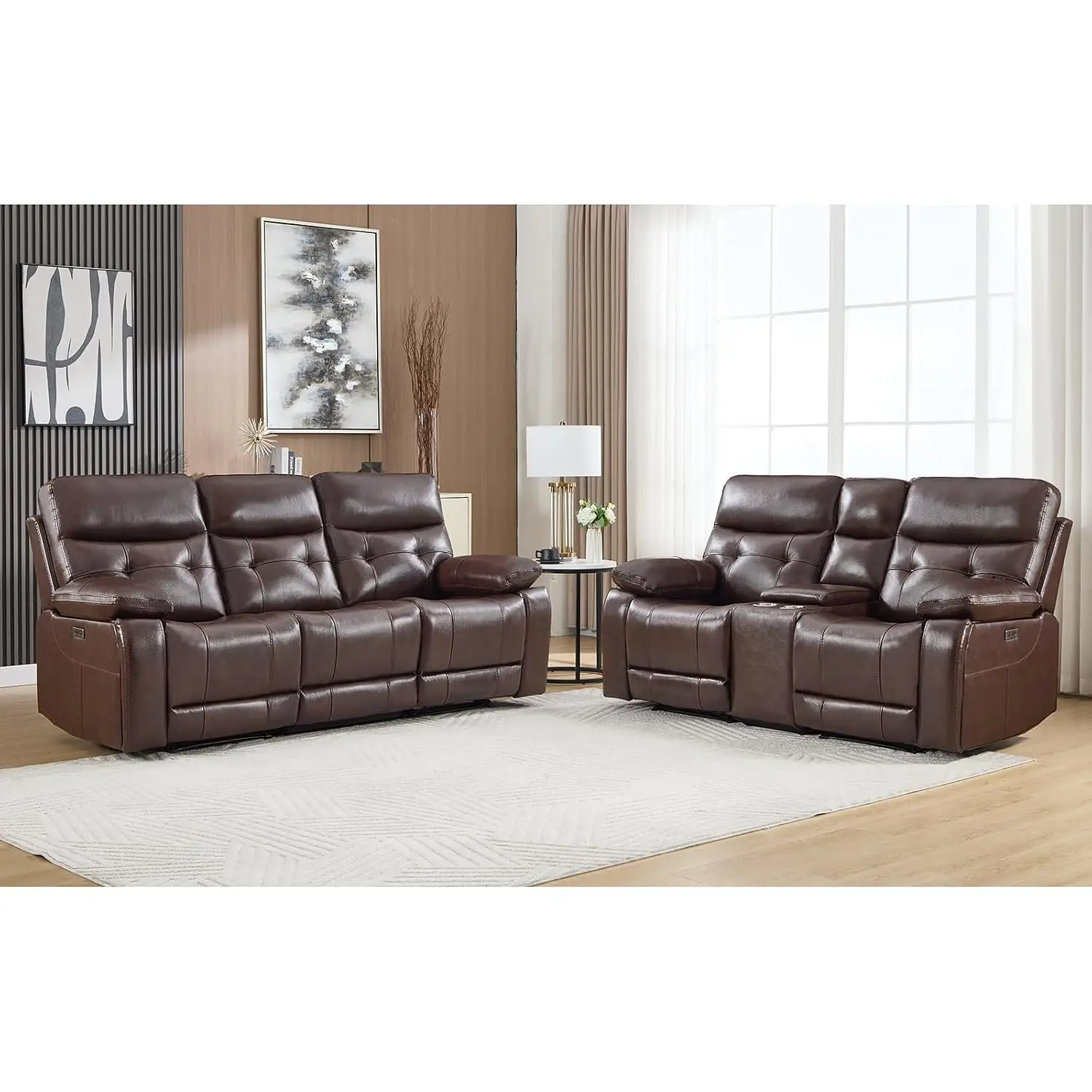 Genuine Leather Power Reclining Sofa Set Loveseat 2 Pieces with Storage Console USB Ports Cup Holders Living Room, Customized