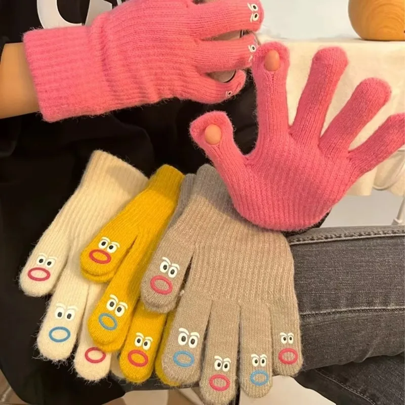 Funny Knitted Gloves Winter Women Girls Solid Color Warm Open Mouth Gloves Soft Comfortable Versatile Gloves Fashion Accessories