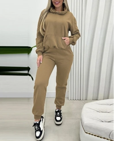 Two Piece Set Women Outfit 2024 Autumn Fashion Pocket Design Long Sleeved Hooded Sweatshirt & High Waist Cuffed Pants Sets