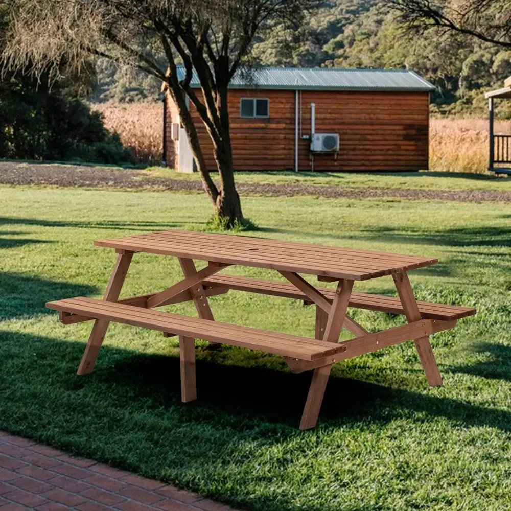 Outdoor fir wood table with built-in benches - image 2