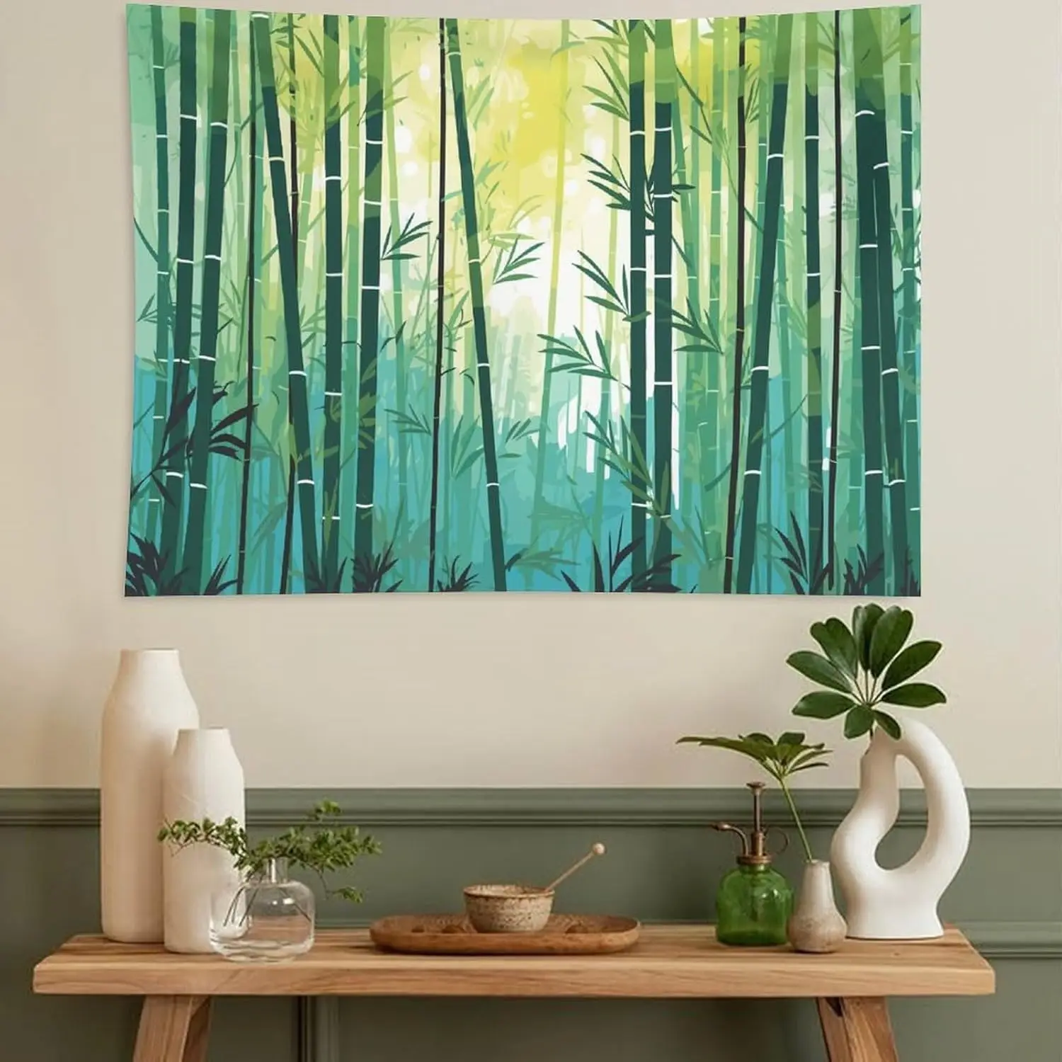 Aesthetic Bamboo Forest Tapestry Wall Hanging Green Nature Tropical Jungle Decor Artwork Polyester Print for Modern Living Room