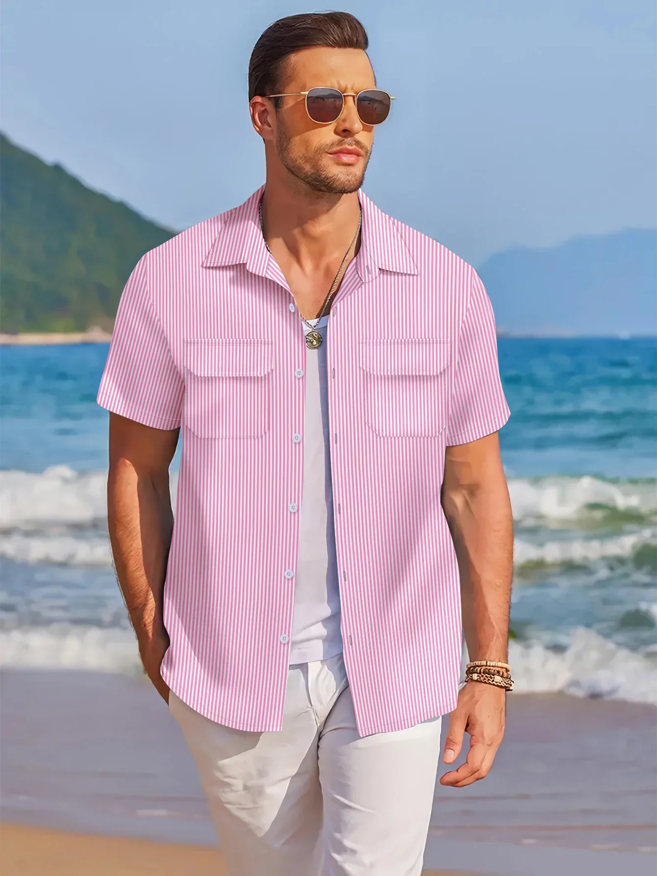 Cool summer new men's casual beach style lapel pocket button top, comfortable solid color pinstripe fashion loose Hawaiian cardi