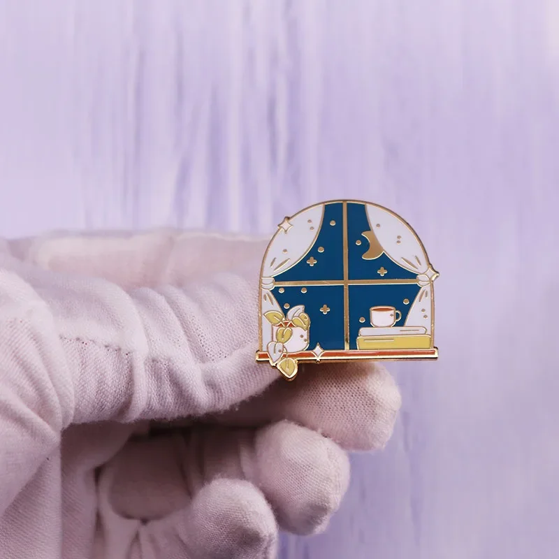 بروش نافذة ليلي مرصع بالنجم ، ليالي مريحة ، دبوس مينا ، كتاب نبات ، شارة قهوة ، مجوهرات رائعة #3